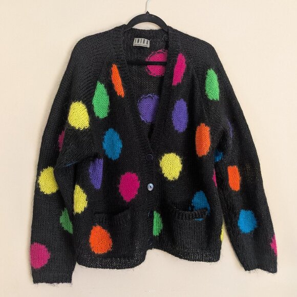 Vtg Mohair Knit Polka-dot Cardigan Sweater by INTRO Women's Size XL Granny Core - Picture 1 of 6